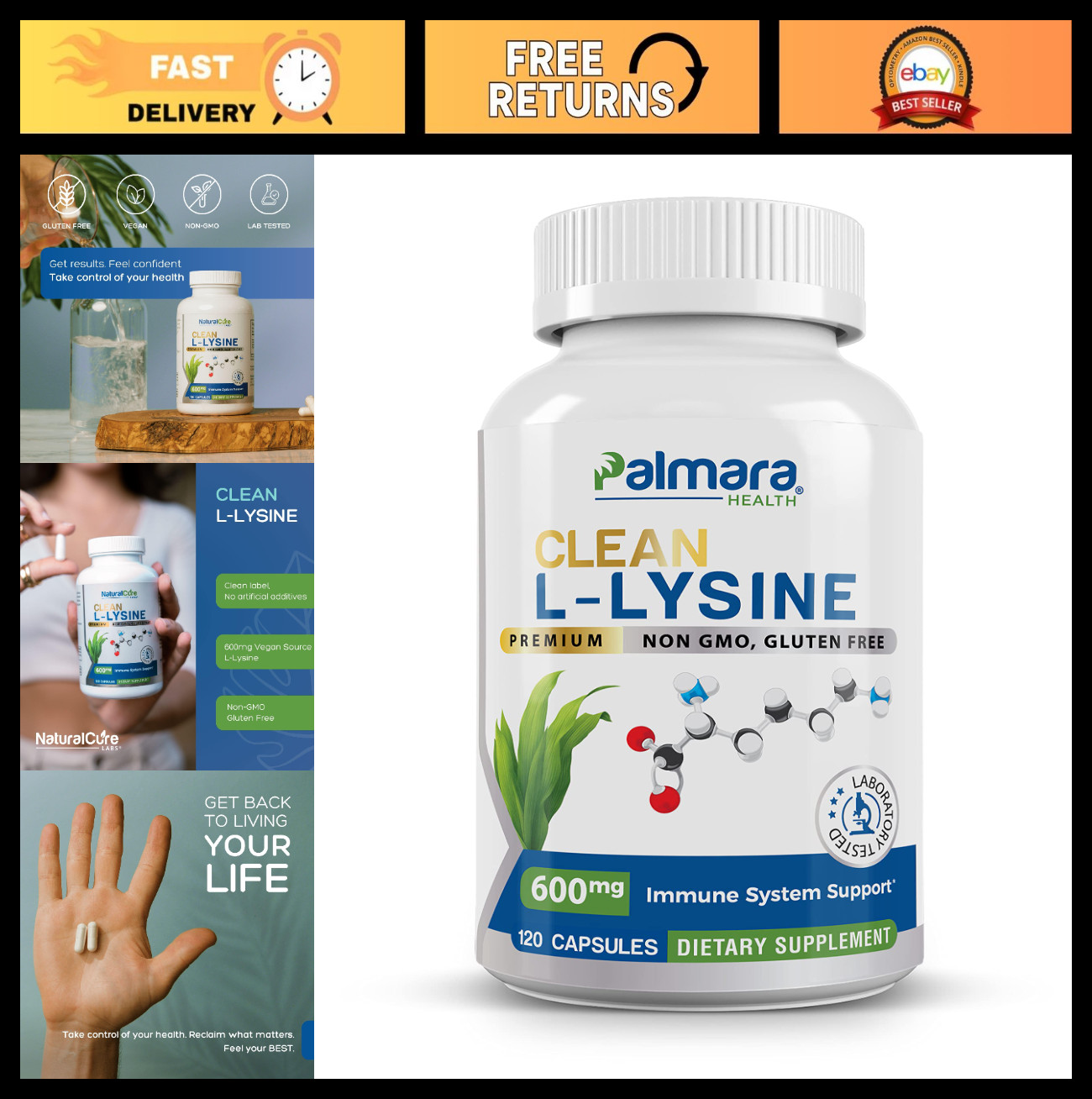 L-Lysine 600mg Capsules – Vegan, Non-GMO, Gluten-Free, Immune Support, 120 Count