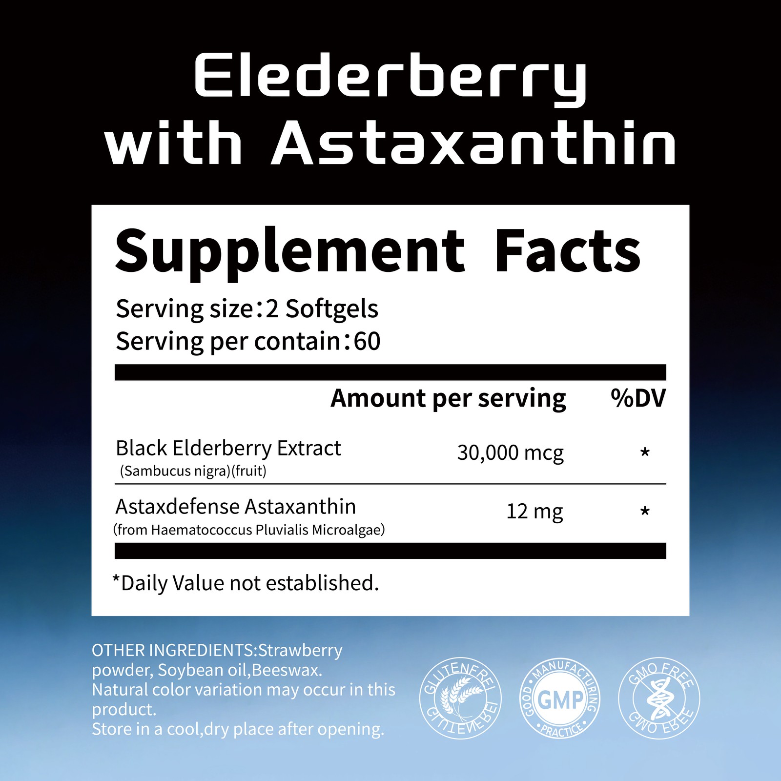 Triple Strength Astaxanthin 12mg with Black Elderberry 30,000mg Extract 07/2027