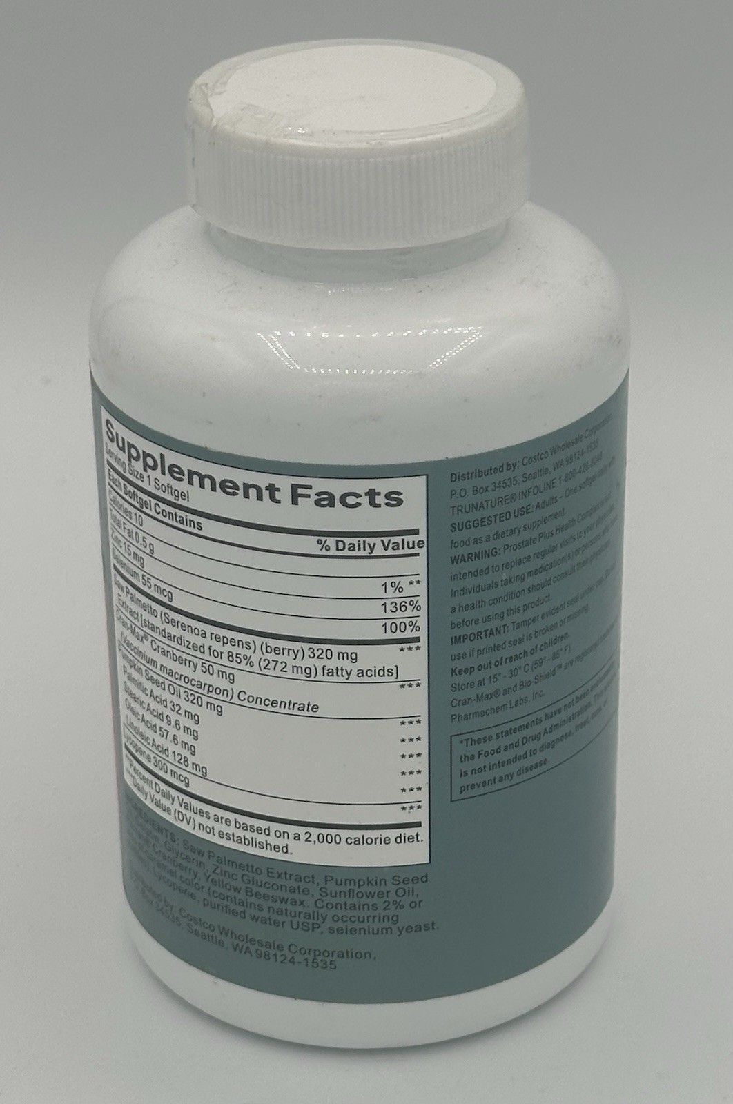 NEW Trunature Prostate Plus Health Complex 250 Softgels Saw Palmetto EXP: 3/28