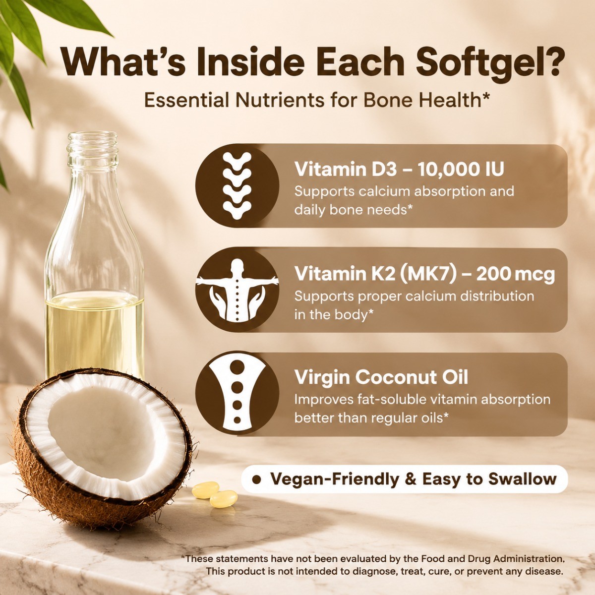 Vitamin D3 K2 Supplement, Coconut Oil for Bone & Immune Support