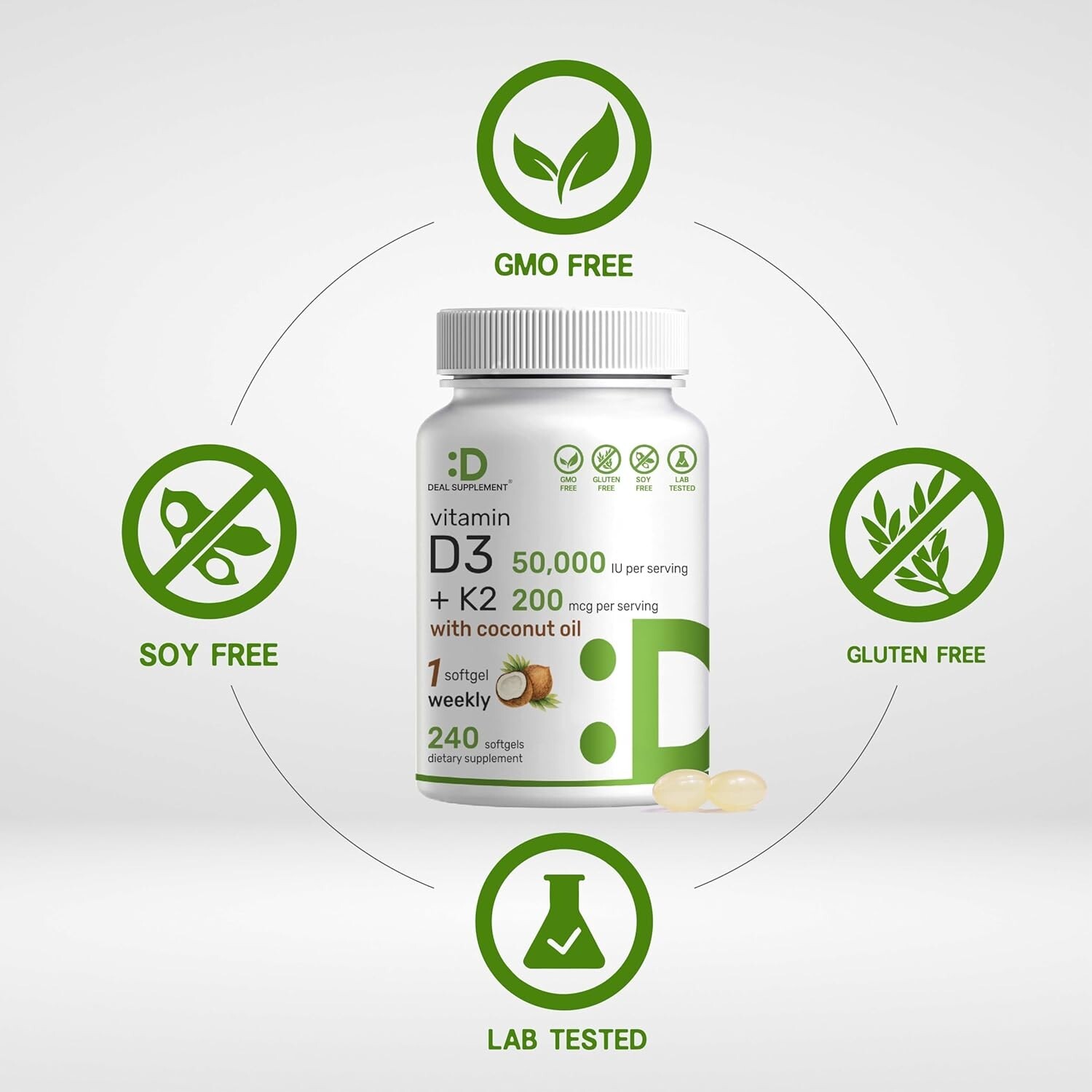 Vitamin D3 50,000 IU + K2 MK7 200 mcg, 240 Softgels, Virgin Coconut Oil