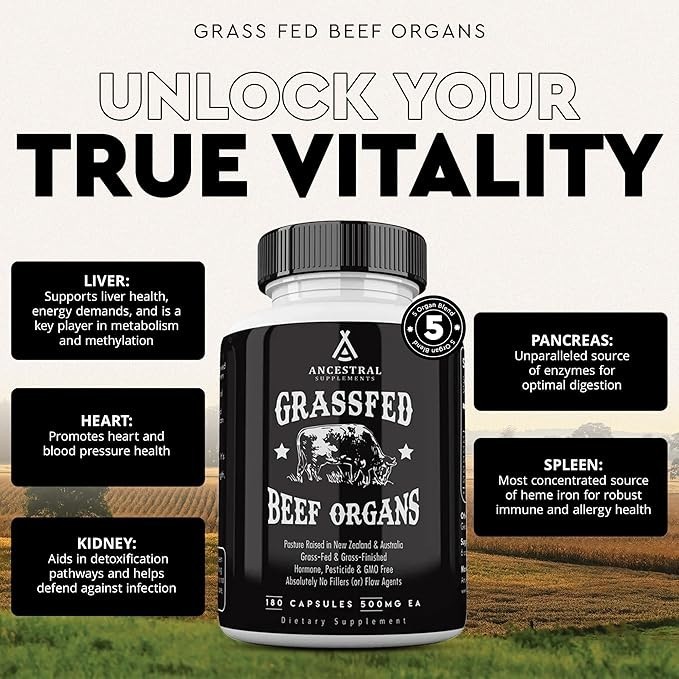 Grass Supplements Ancestral Fed Beef Organ Supplement – Non-GMO, 180 Capsules
