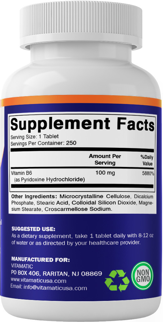 Vitamatic Vitamin B6 (Pyridoxine HCI), 100mg 250 Vegetarian Tablets