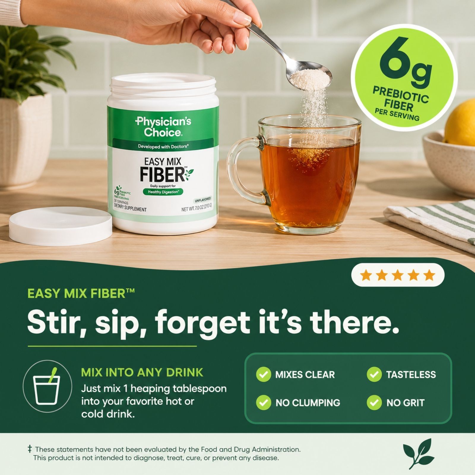 Physician’s CHOICE Easy Mix Prebiotic Fiber Powder, Unflavored, 6g Fiber