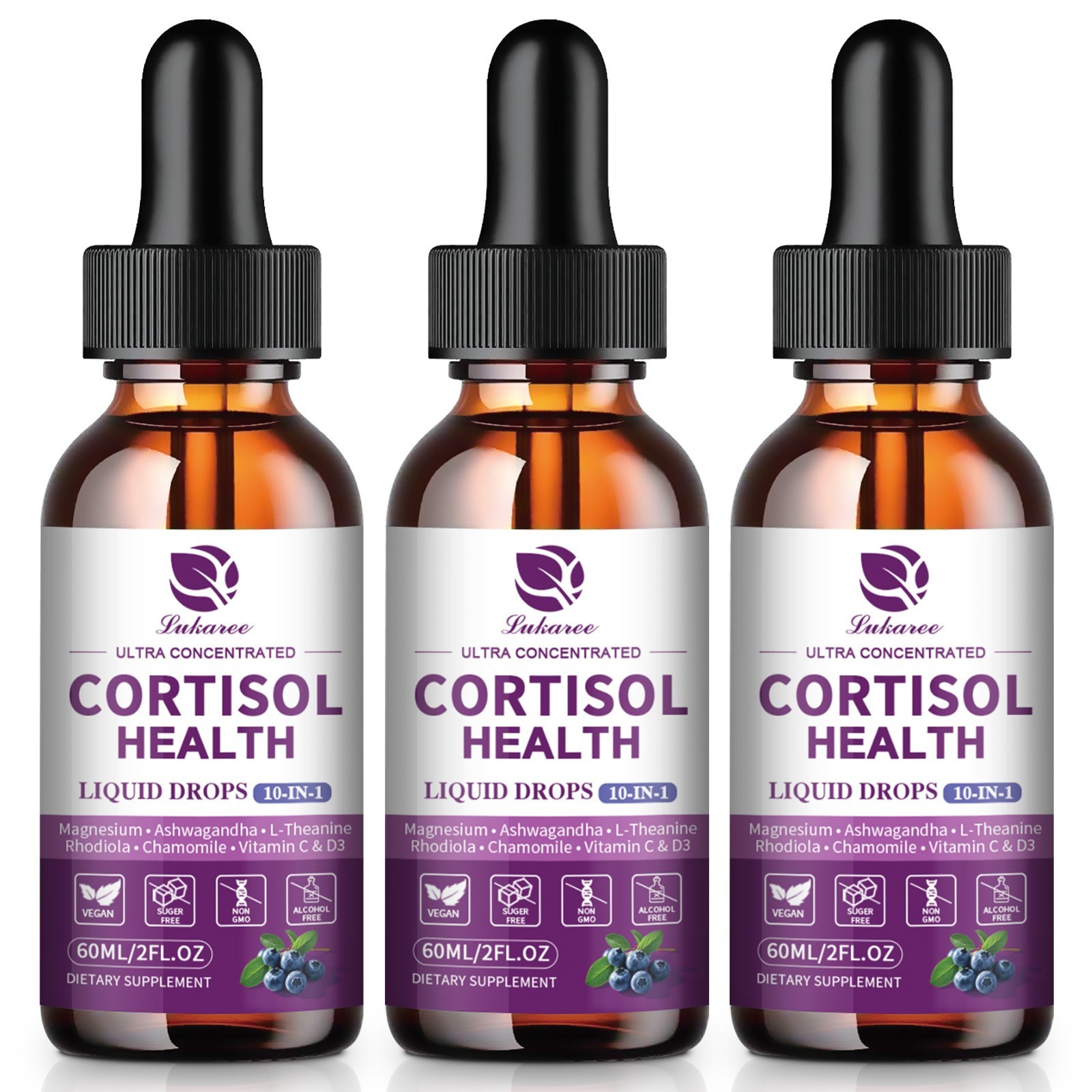 2x60ml Cortisol 10-IN-1 Supplement Liquid with Magnesium Ashwagandha L-Theanine