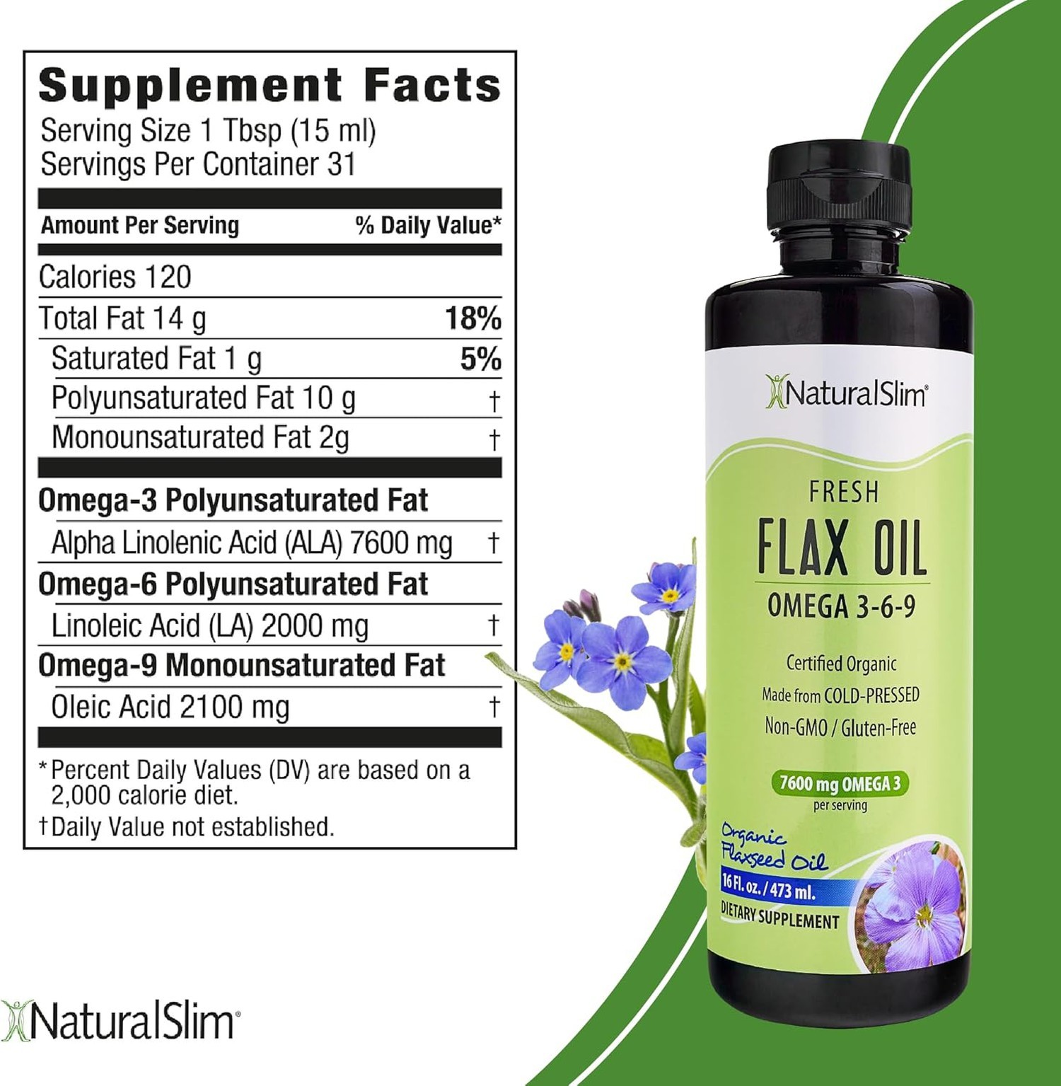 NaturalSlim Flax Oil – Flaxseed Oil – Organic Cold-Pressed Flaxseed Oil,16 fl.oz