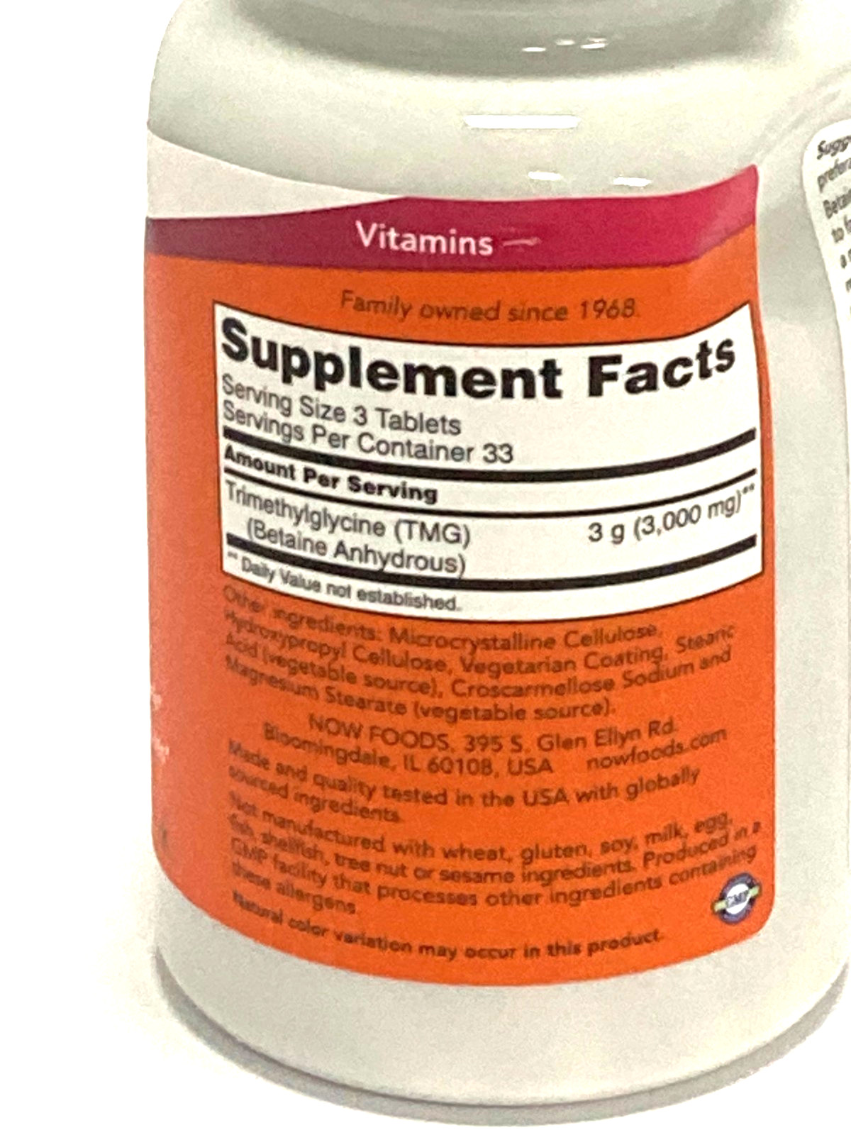 Now TMG Betaine 1,000 mg Tablets for Liver Support 100 Tablets, Best By 10/2026