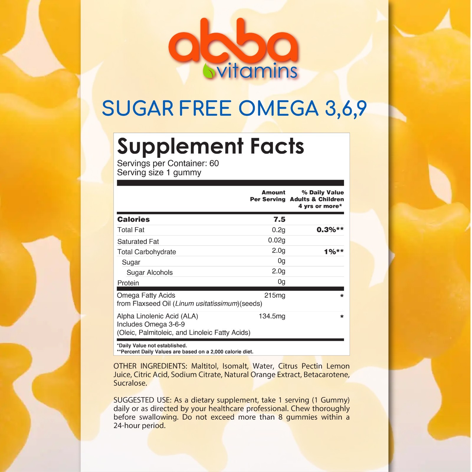 Abba Vitamins Omega Gummy Natural Flavors & color Flaxseed Oil based Star Kosher