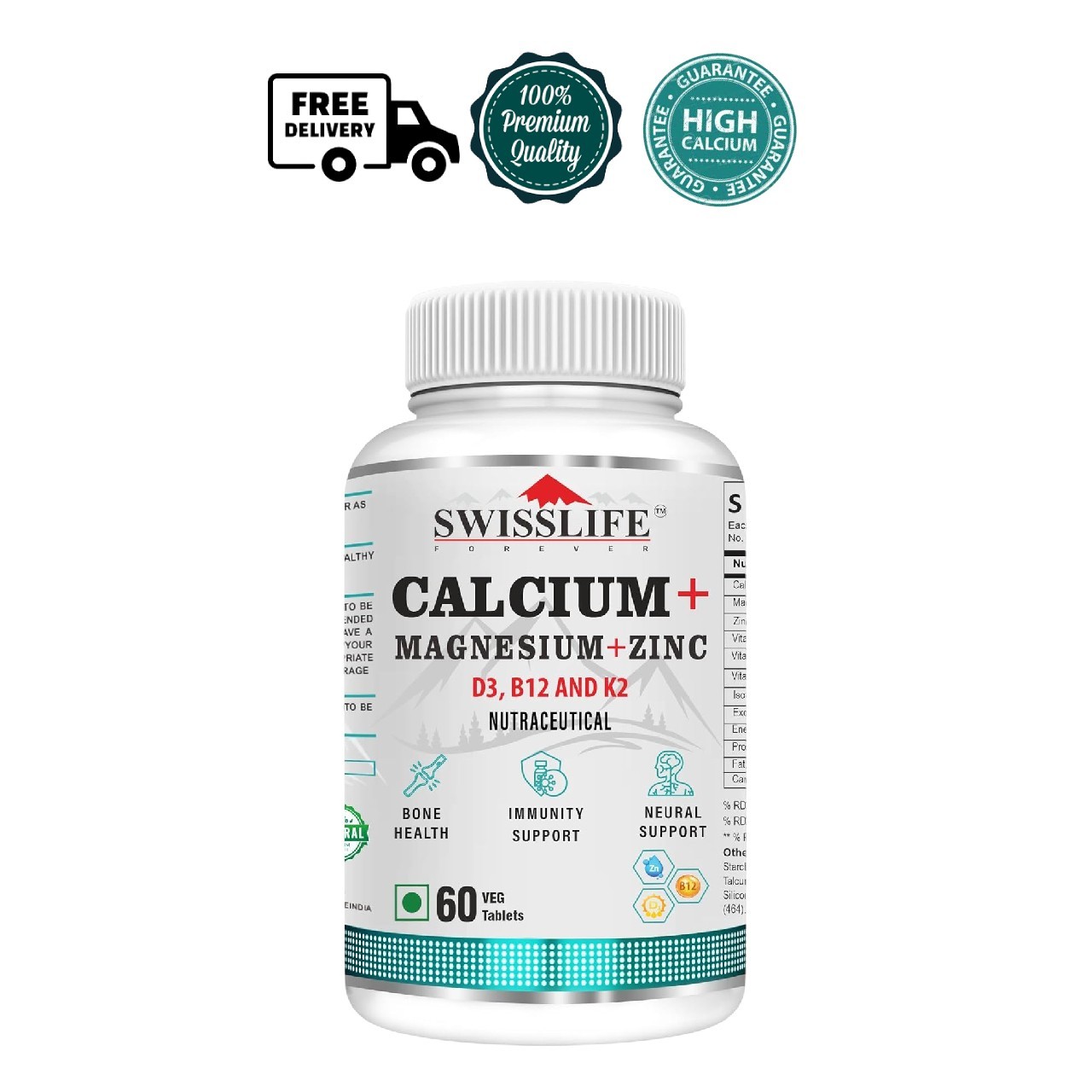 SWISS.LIFE Forever Calcium Magnesium Zinc D3 K2 B12 60 Tabs