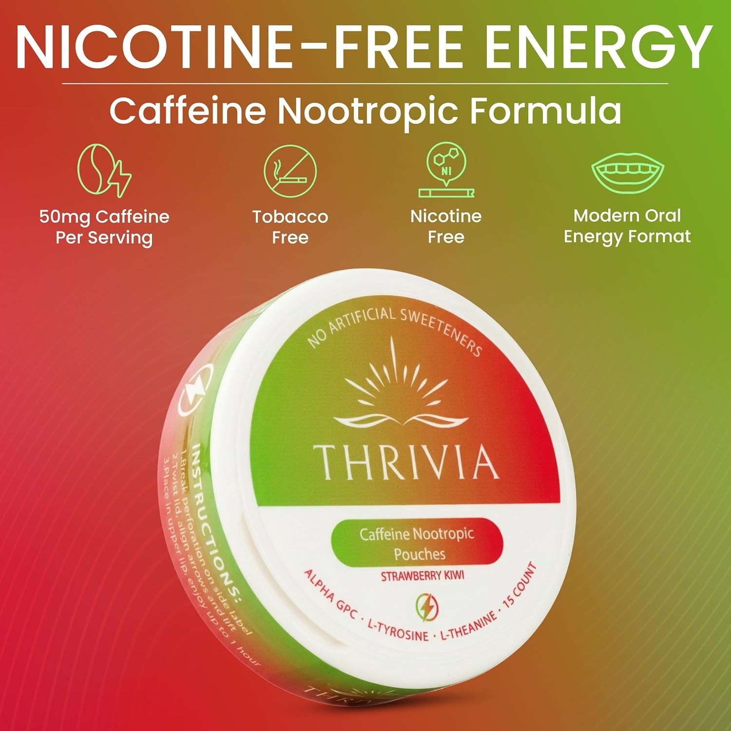 Nicotine-Free Strawberry Kiwi Energy & Focus Pouches — 50mg Caffeine, Nootrop…