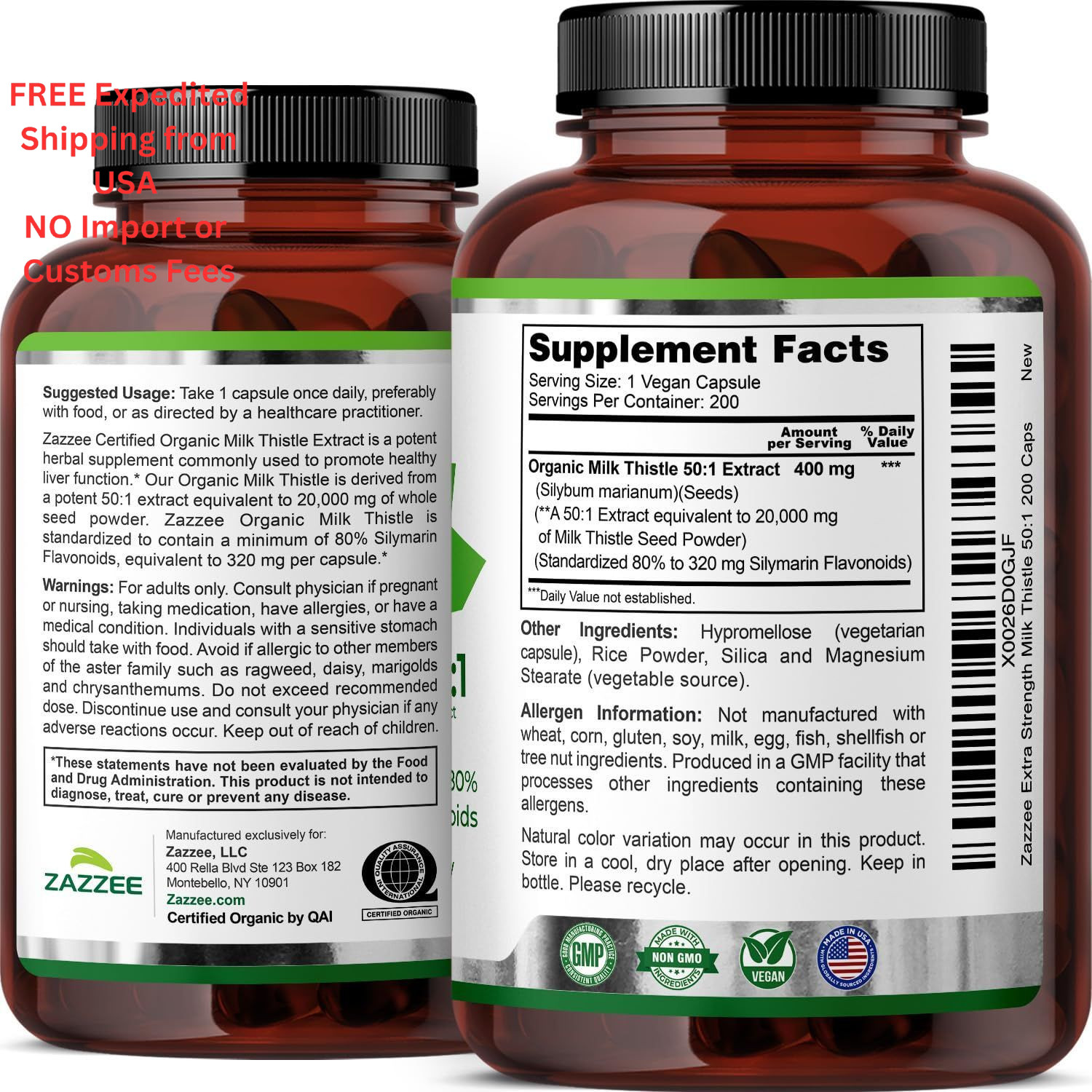 Zazzee USDA Organic Milk Thistle 50:1 Extract, 80% 200 Count (Pack of 1)