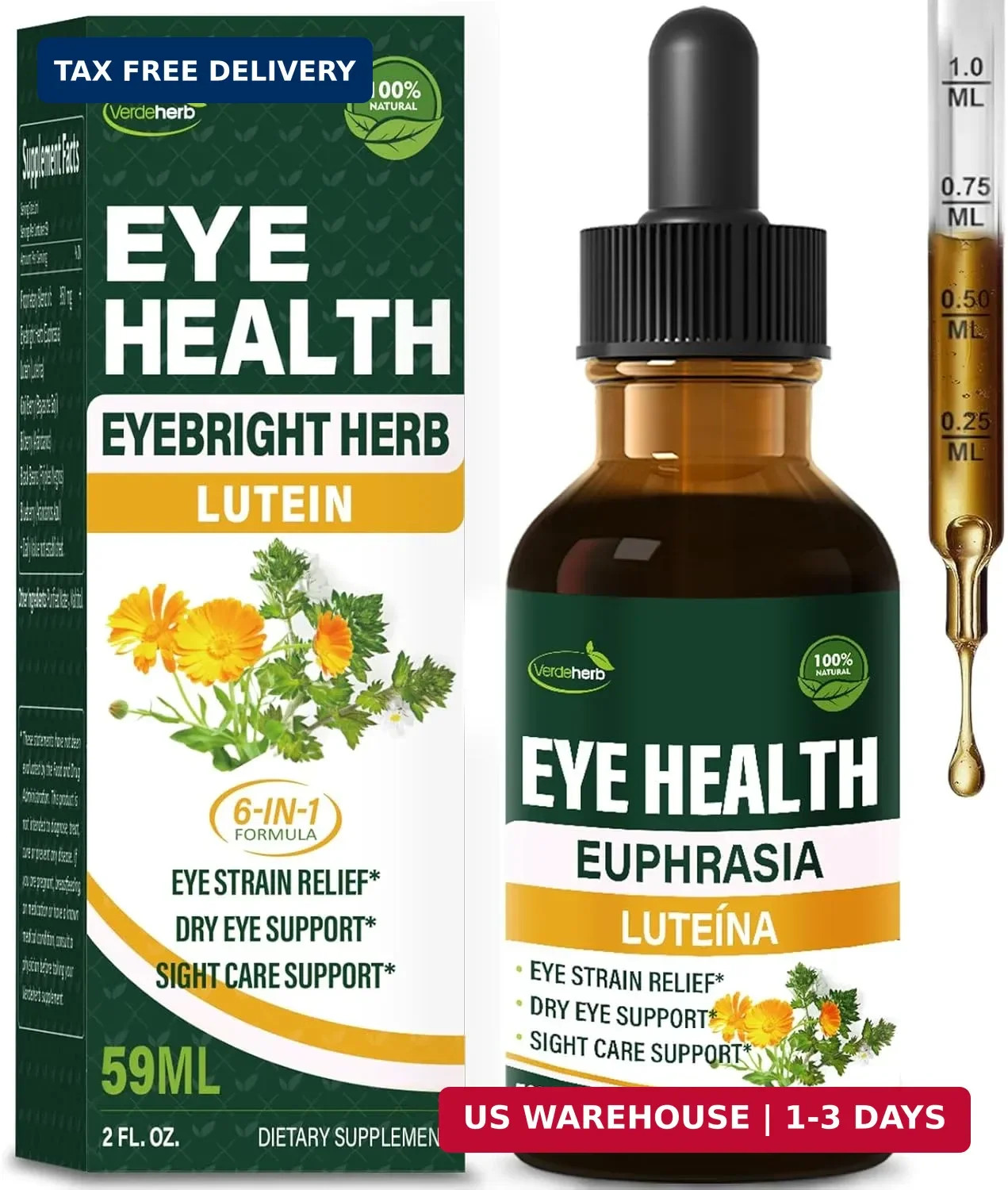 Eyebright Herb Eye Health Drops, Bilberry & Lutein Liquid Extract Herbal Supplem