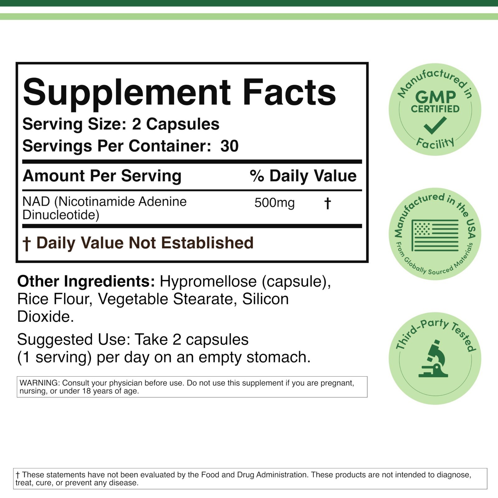 NAD+ Anti-Aging & Cell Regeneration Supplement | 500mg Pure NAD Plus, 30 Days, V