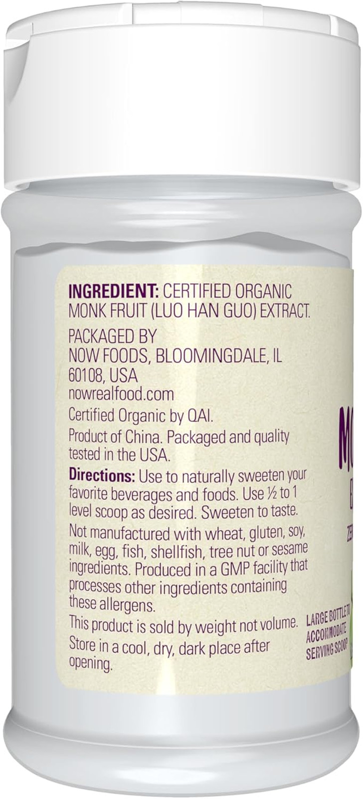 , Certified Organic Monk Fruit Extract Powder, Zero Calorie Sweetener, Large Bot