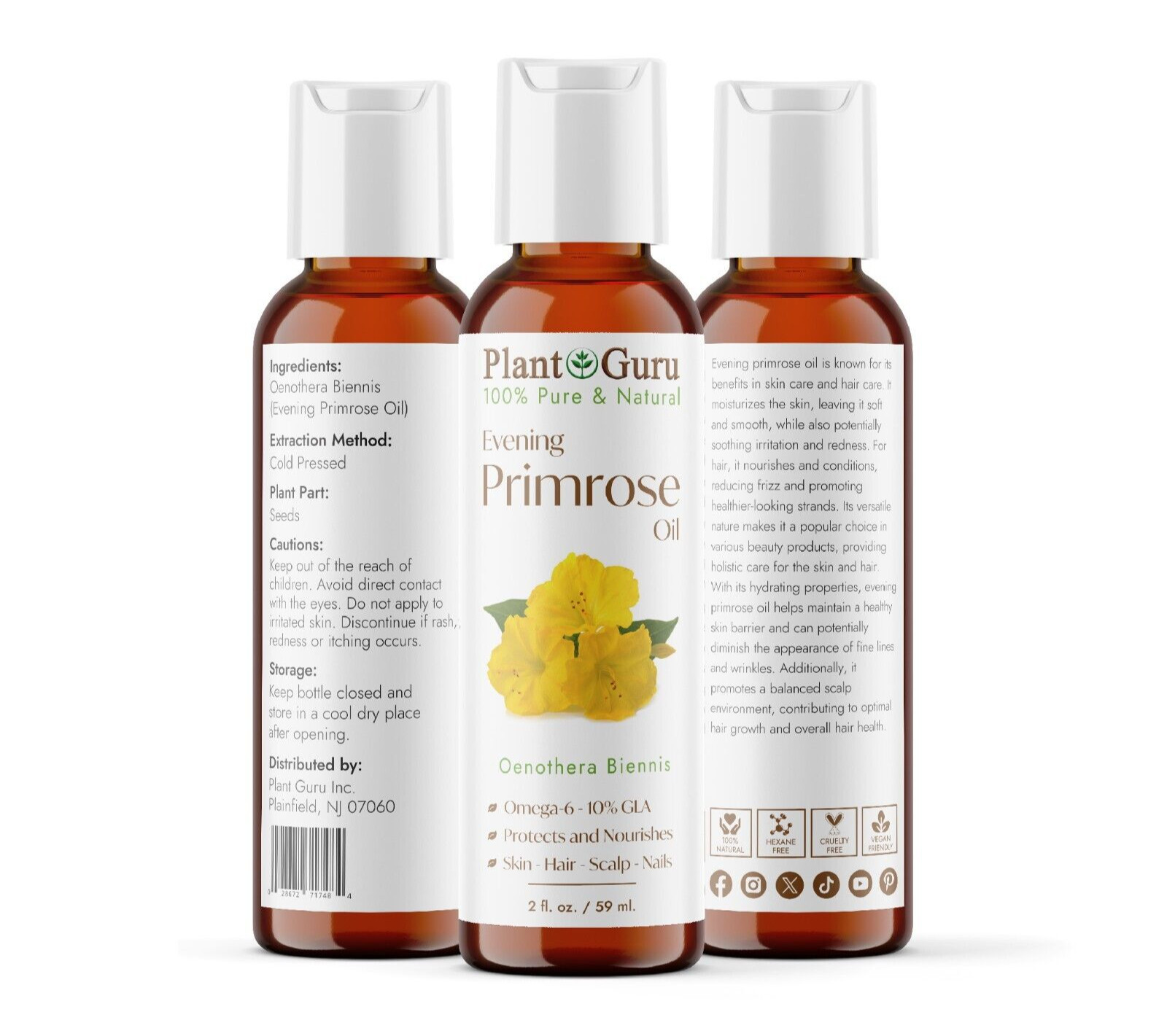 Evening Primrose Oil 2 oz. Cold Pressed Refined Carrier 100% Pure Natural