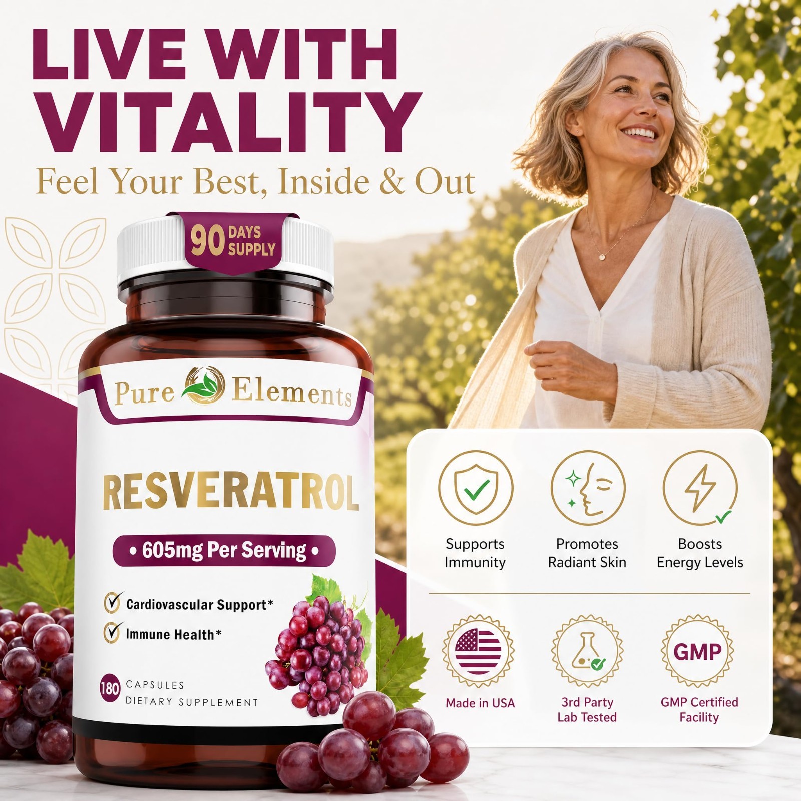 Extra Strength Resveratrol 1450mg for Skin & Immunity Support, 90-Day Supply
