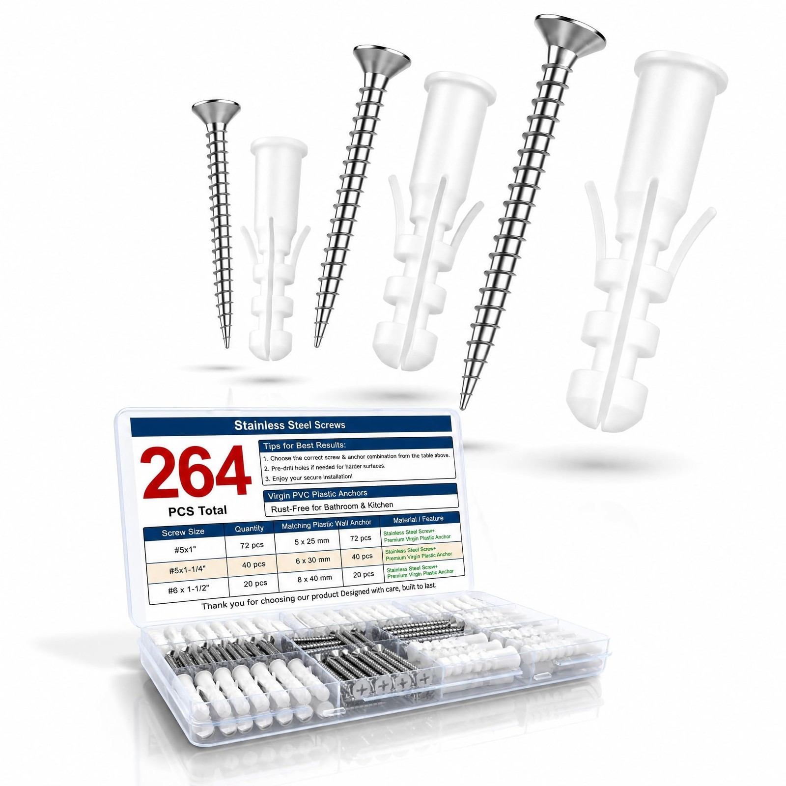 Drywall Anchors and Screws Kit – 264PCS Screws and Anchors for Wall, Drywa