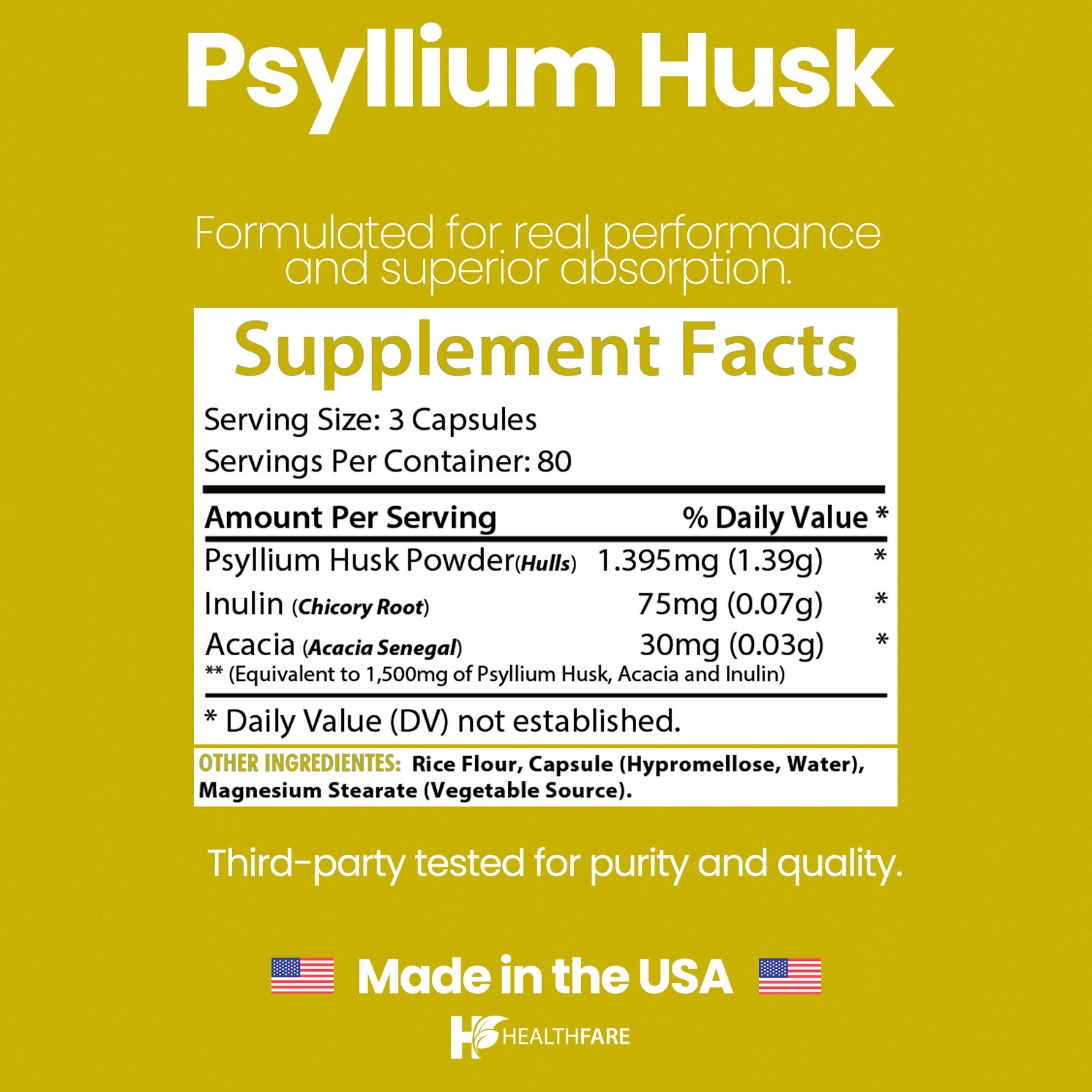 Healthfare Psyllium Husk Capsules, 1500mg | 240 Veg Capsules | High Fiber
