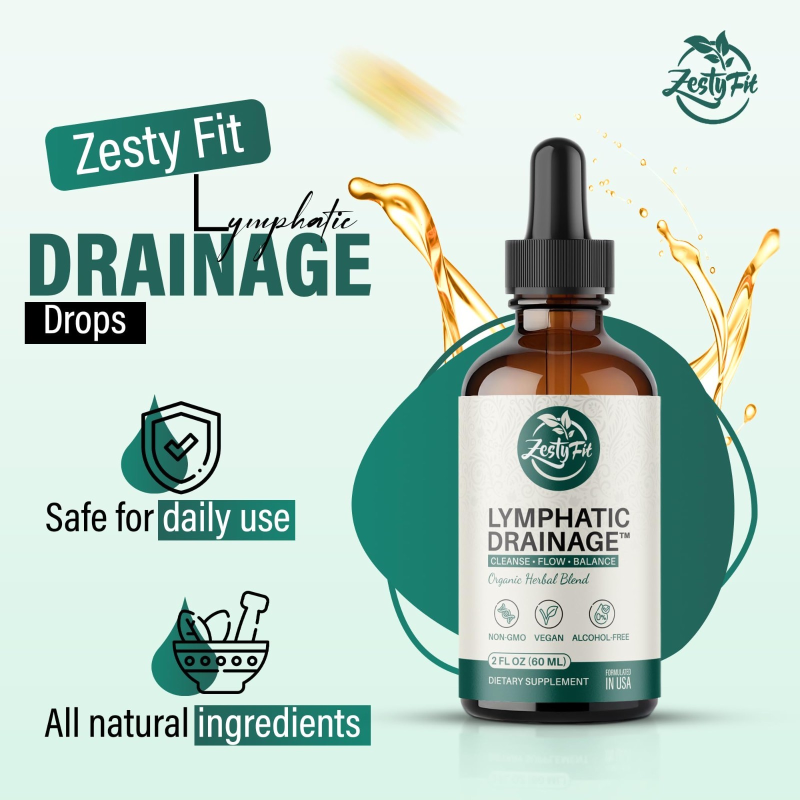 Organic Lymphatic Drainage Drops 11-in-1 Detox Support Liquid, Vegan, Non-GMO, 2
