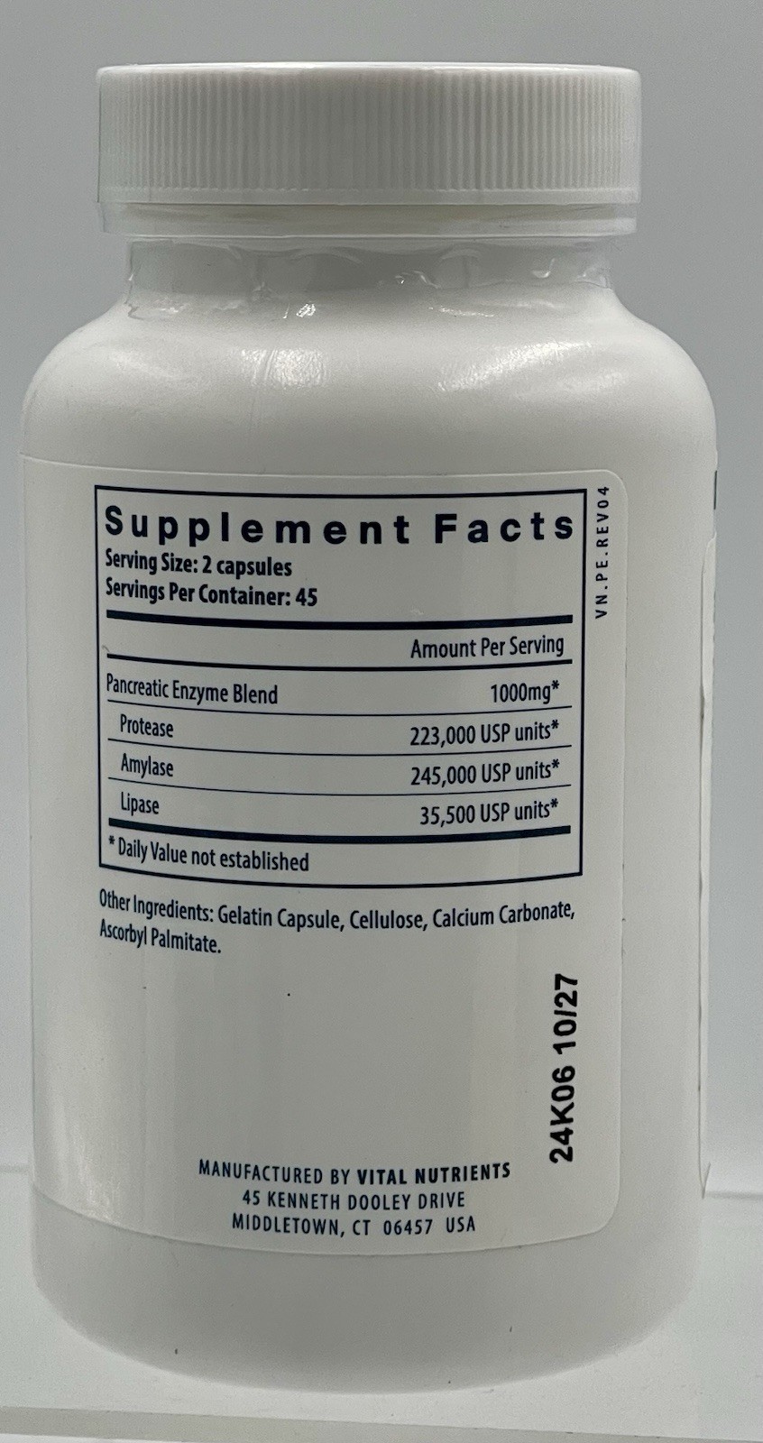 Vital Nutrients Pancreatic Enzymes 90 Capsules Gluten Dairy Soy Free EXP 10/27