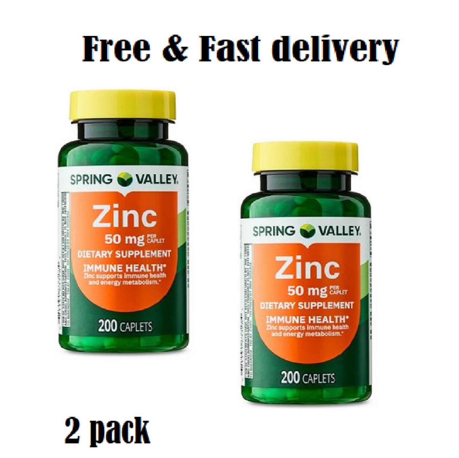 2 pack Spring Valley Zinc 50mg Caplets- 200 Count new free shipping