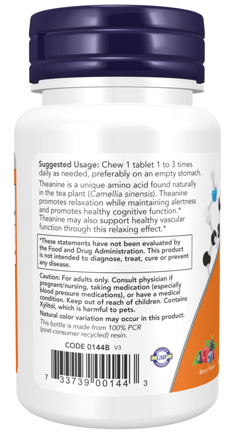 NOW Foods Chewable L-Theanine 100mg 90 Chewables Chews Taurine Inositol 10/23