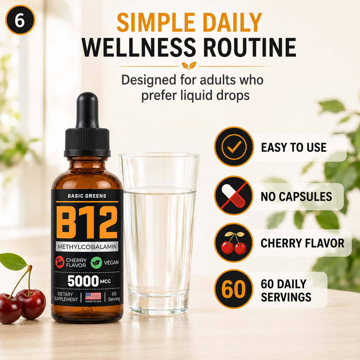 BASIC GREENS B12 Liquid Drops 5000mcg Sublingual Methylcobalamin Vegan 2oz