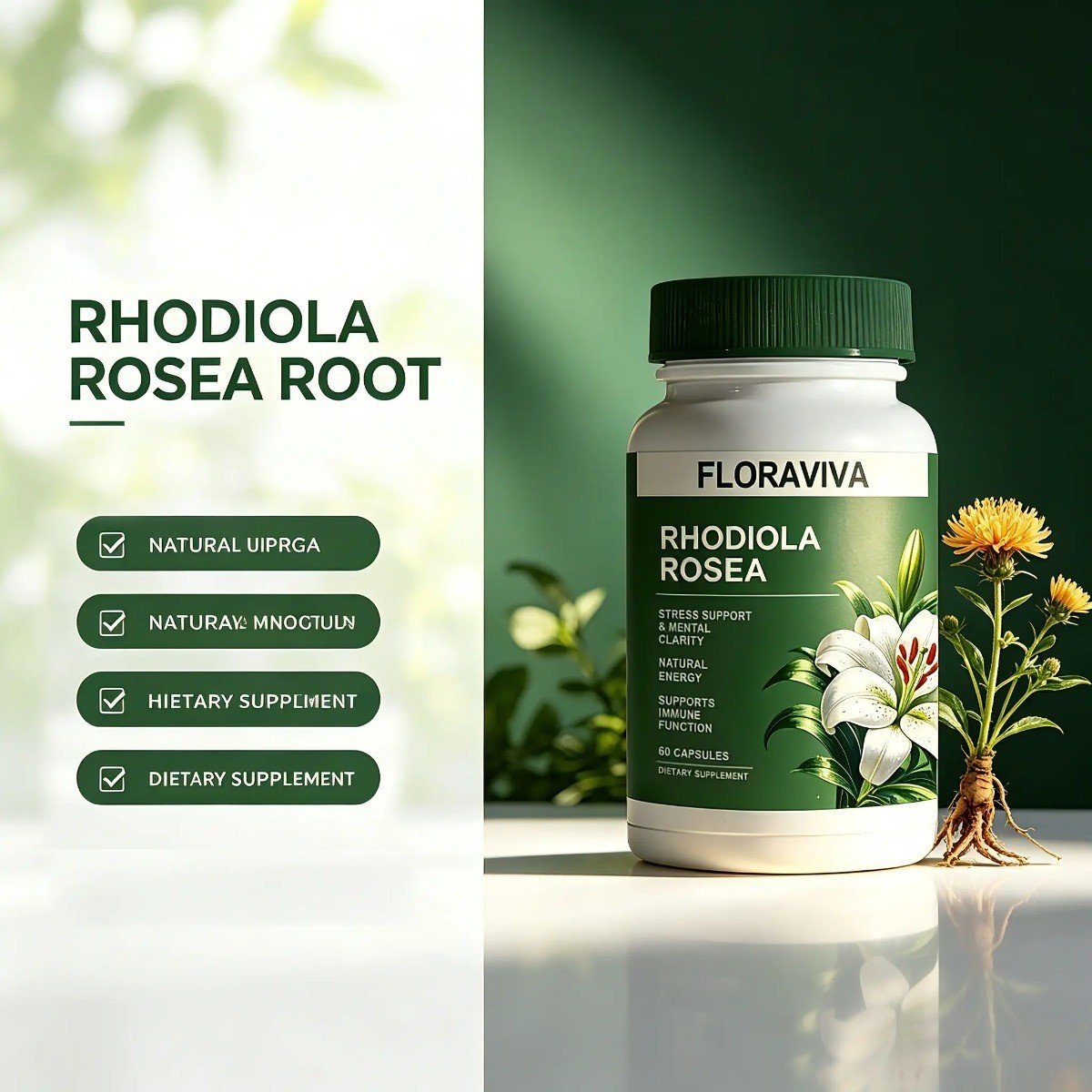 Floraviva Rhodiola Rosea Capsules Stress Relief Focus Energy Mood Immune Support