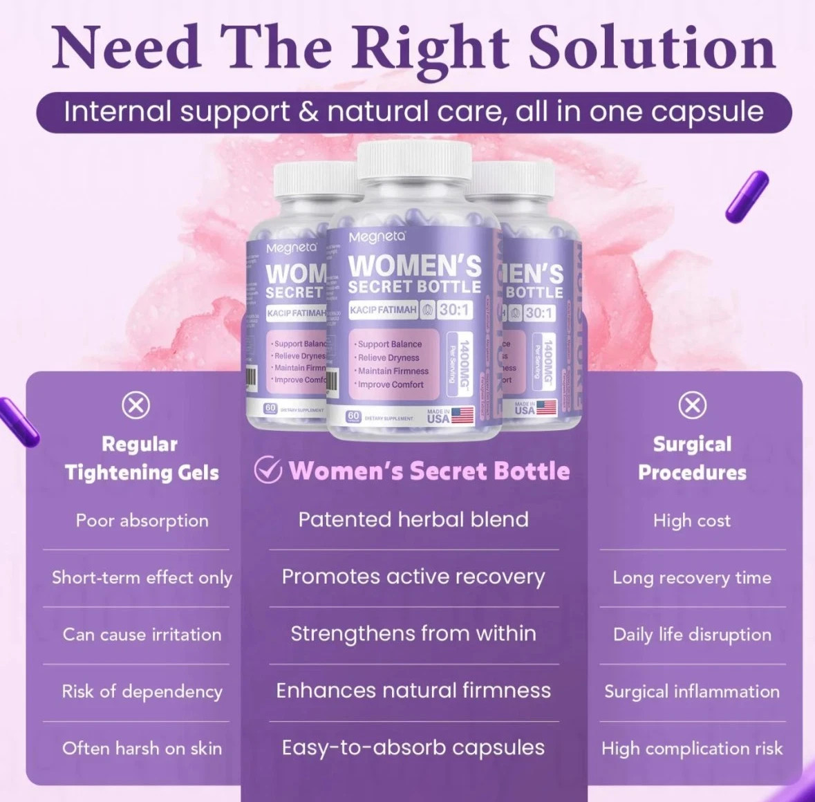 Women’s Secret Bottle Capsules – Natural Dietary Supplement – 60Count
