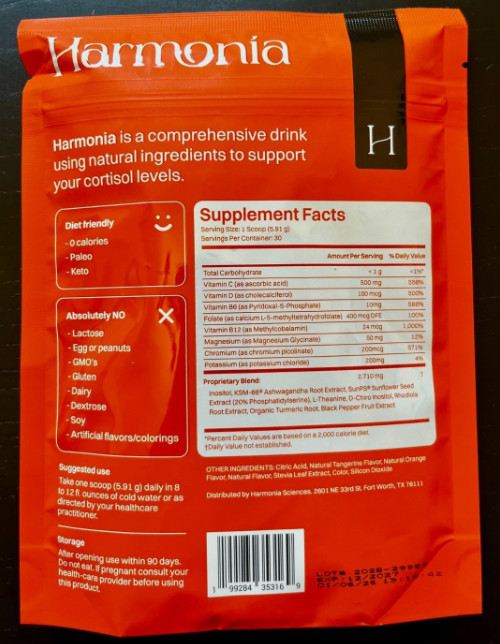 Harmonia Cortisol Cocktail Supplement Drink – 30 servings, Exp 122027