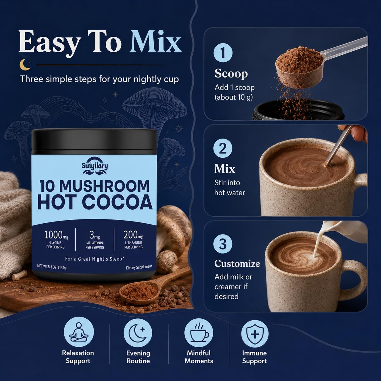 Suiyilary Mushroom Melatonin Cocoa 5.3oz Sugar Free Keto