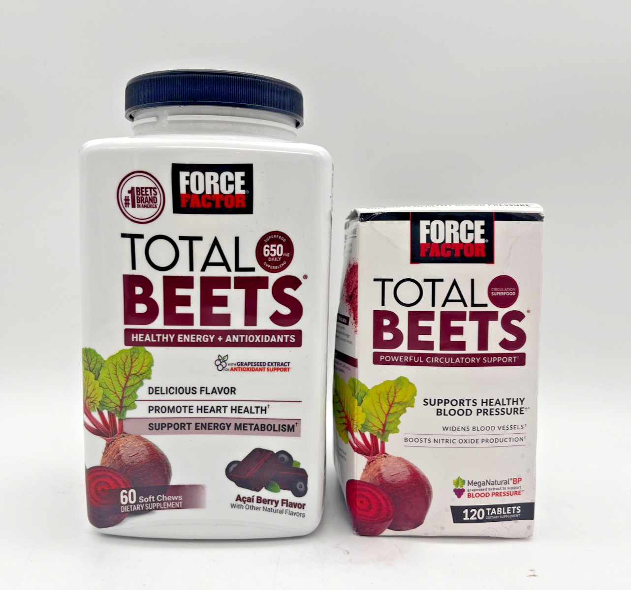 FORCE FACTOR TOTAL BEETS 60 ACAI BERRY SOFT CHEWS & 120 TABLETS SEALED
