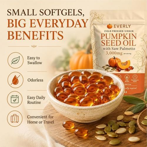 Everly Pumpkin Seed Oil Plus Saw Palmetto, Upgraded Cold Pressed, 90 Soft Gels