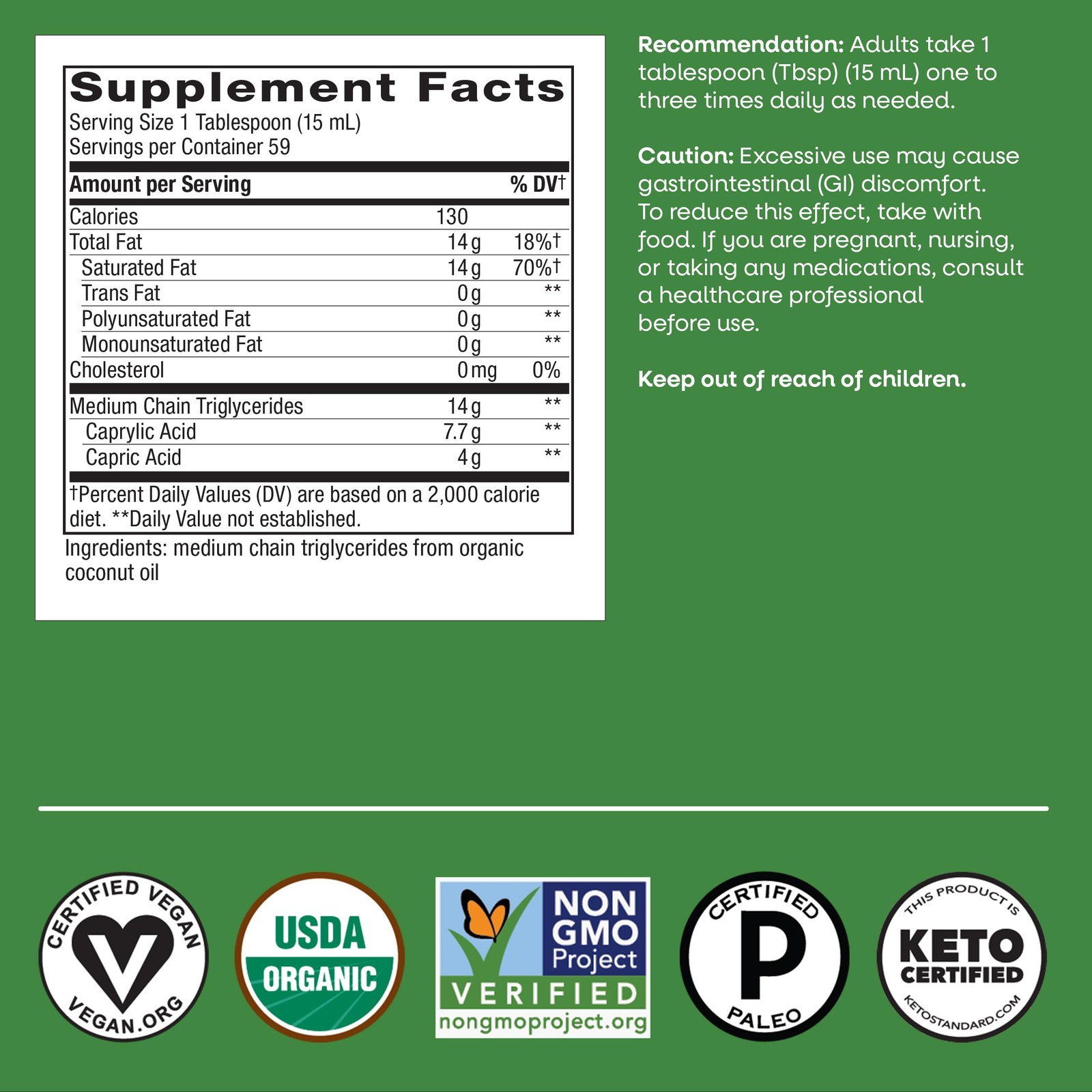 Nature’s Way Organic MCT Oil, Brain and Body 30 Fl Oz (Pack of 1), Clear