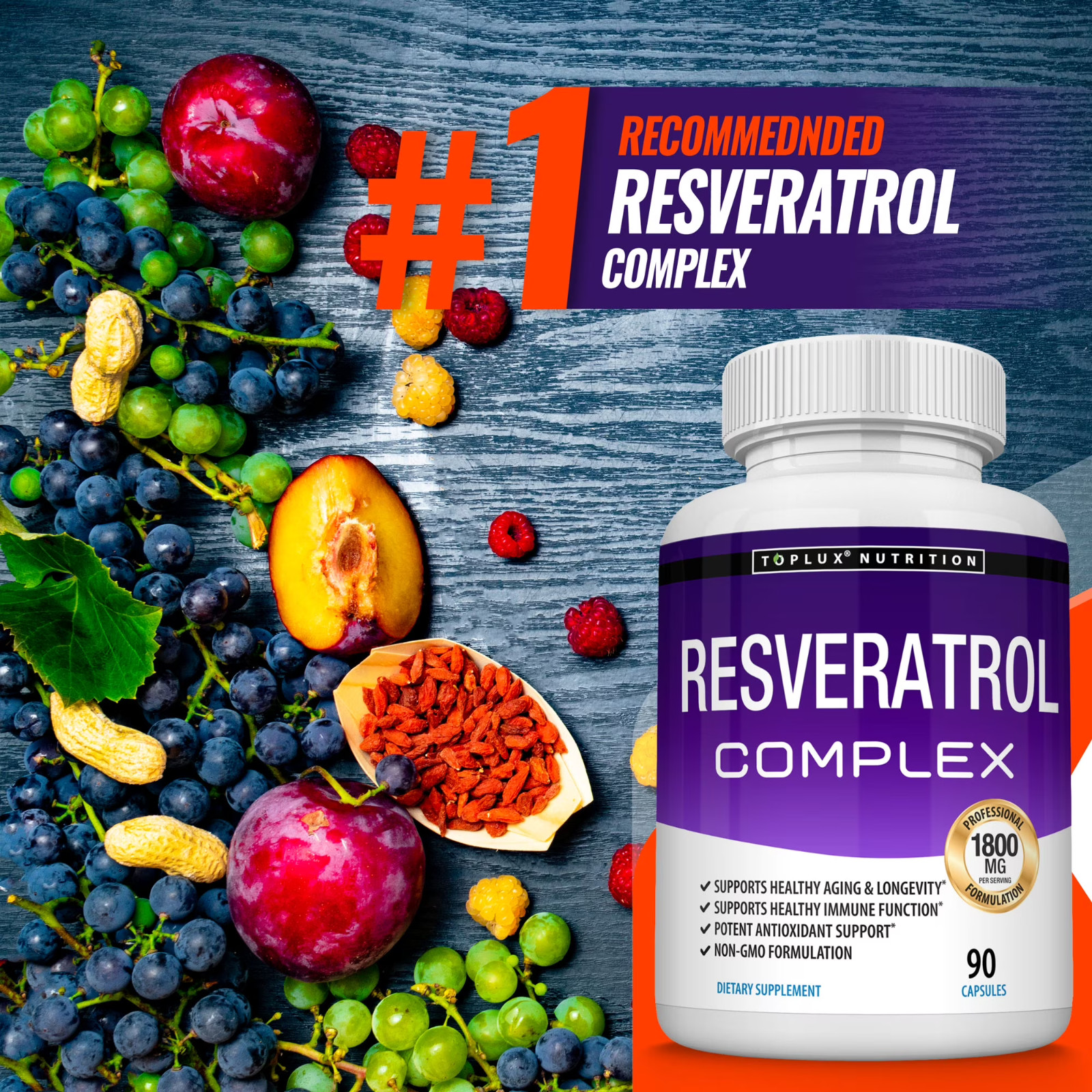 Toplux Resveratrol Supplement 1800mg Antioxidant Support 90 Capsules