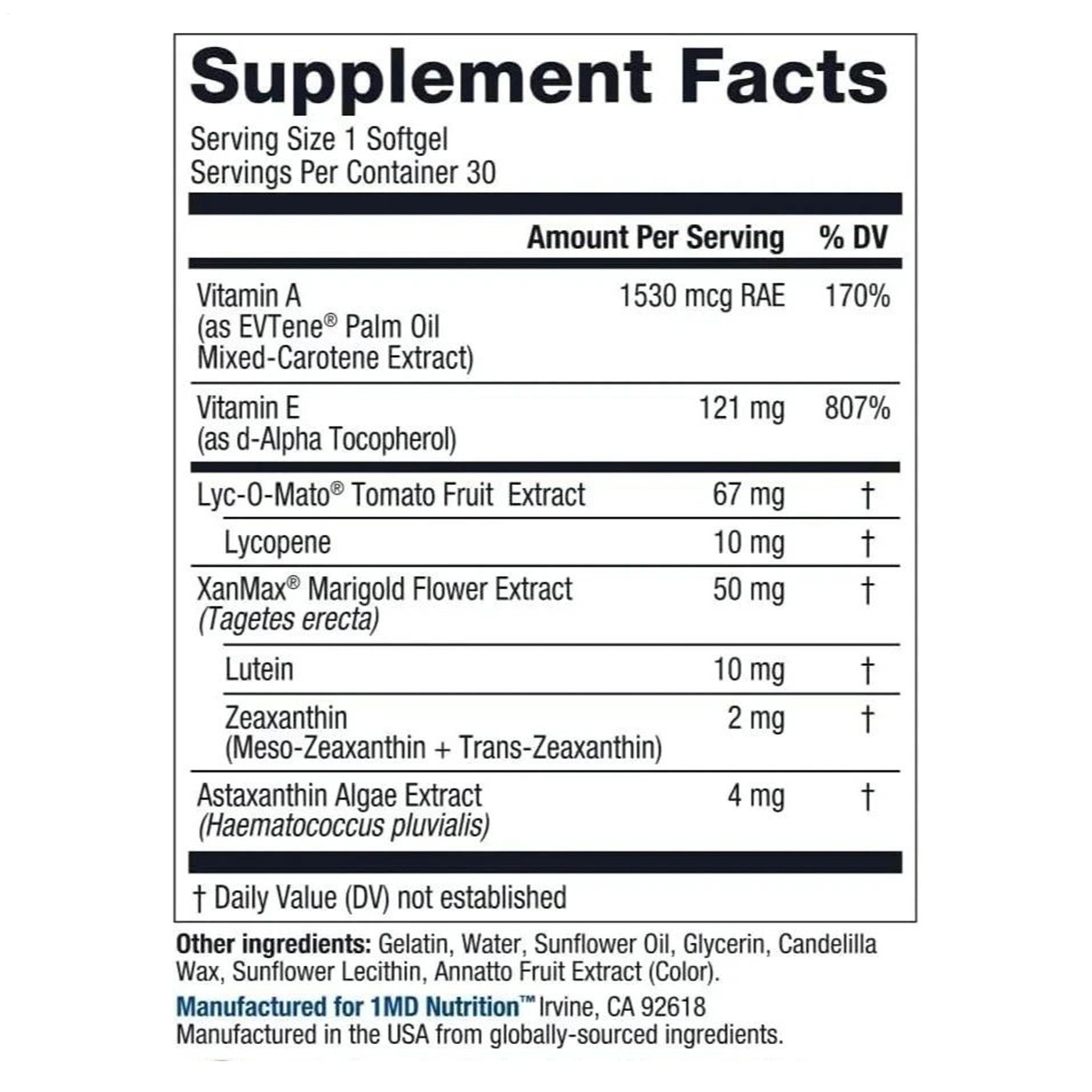 2Pcs 1MD Nutrition Vision MD Eye Vitamin CARMIS – Eye Supplement – 30 Softgels.