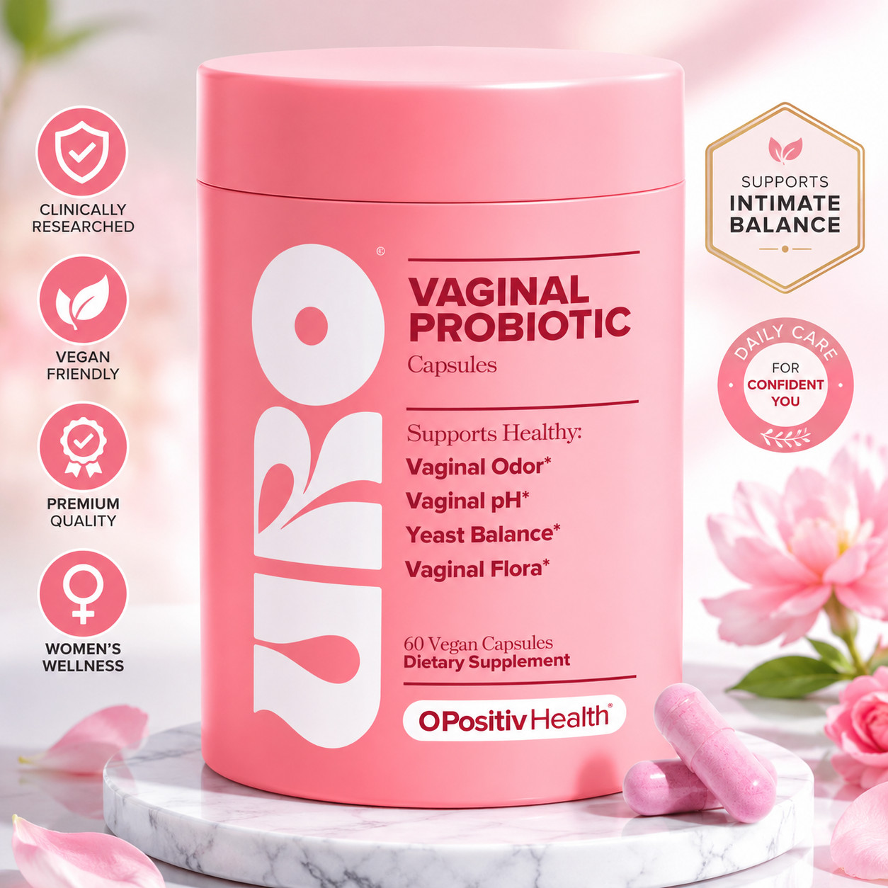 URO Vaginal Probiotic Capsules 60ct – Feminine pH Flora Balance Vegan