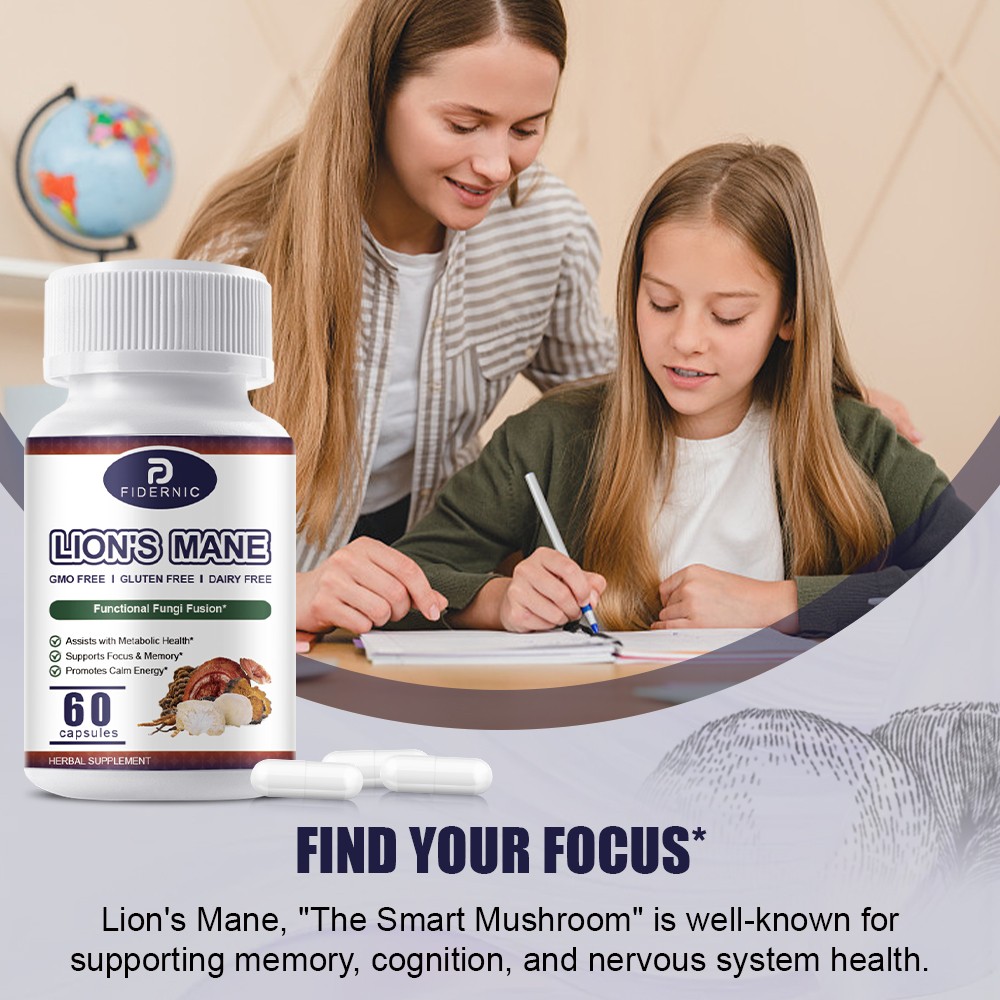 60 PCS Lions Mane Mushroom Supplement -Immune Support ，MEMORY, FOCUS, STRESS AID