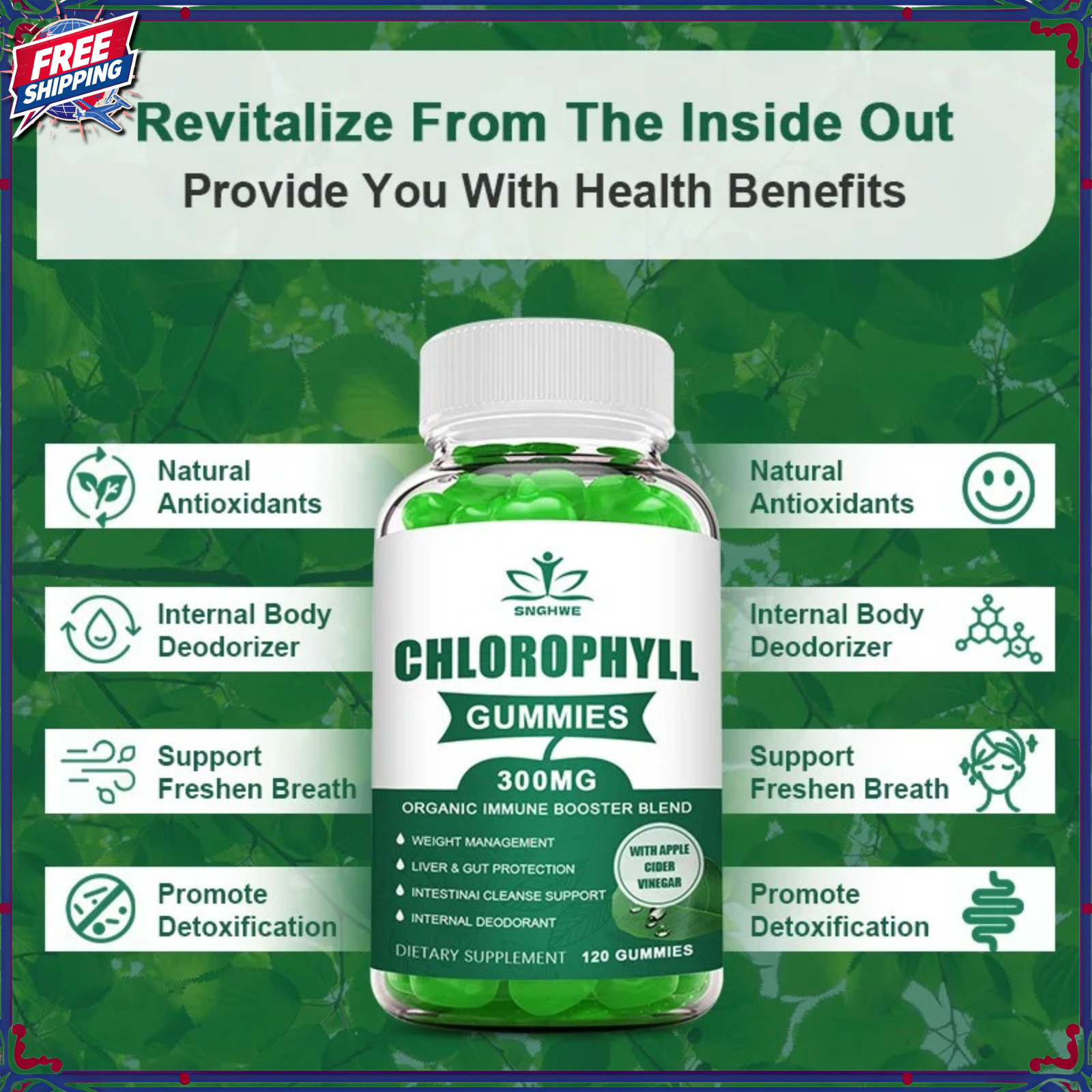 Chlorophyll Gummies with ACV Vitamin D3 C E B12 Natural Deodorant Energy Boost