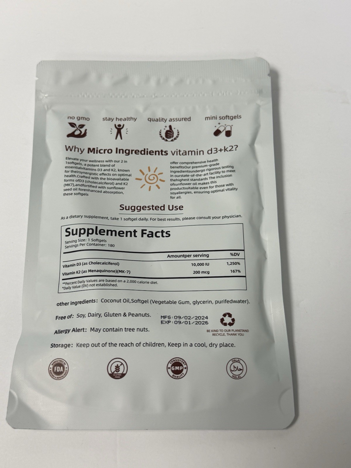 Micro Ingredients Vitamin D3 + K2 10,000 IU/200mcg 180 Softgels Non-GMO