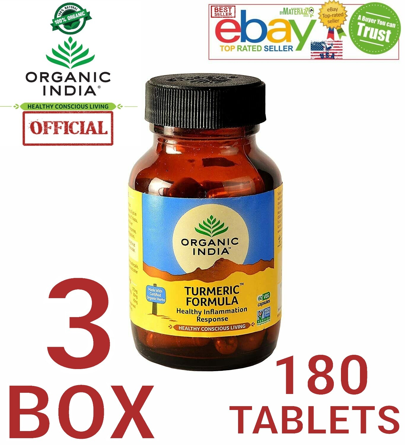 Turmeric Formula Organic India Exp2025 OFFICIAL USA 3 Bottles 180 Caps Immunity