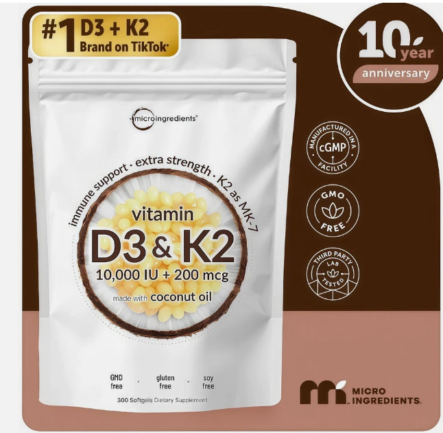 Vitamin D3 10000 iu Plus K2 (MK-7) 200 mcg, 300 Virgin Coconut Oil Softgels