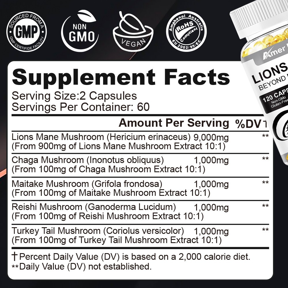 Organic Lion’s Mane Mushroom Supplement 13000 mg – MEMORY, FOCUS, STRESS SUPPORT