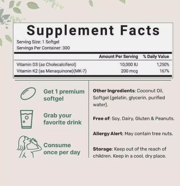 Vitamin D3 10000 iu Plus K2 (MK-7) 200 mcg, 300 Virgin Coconut Oil Softgels