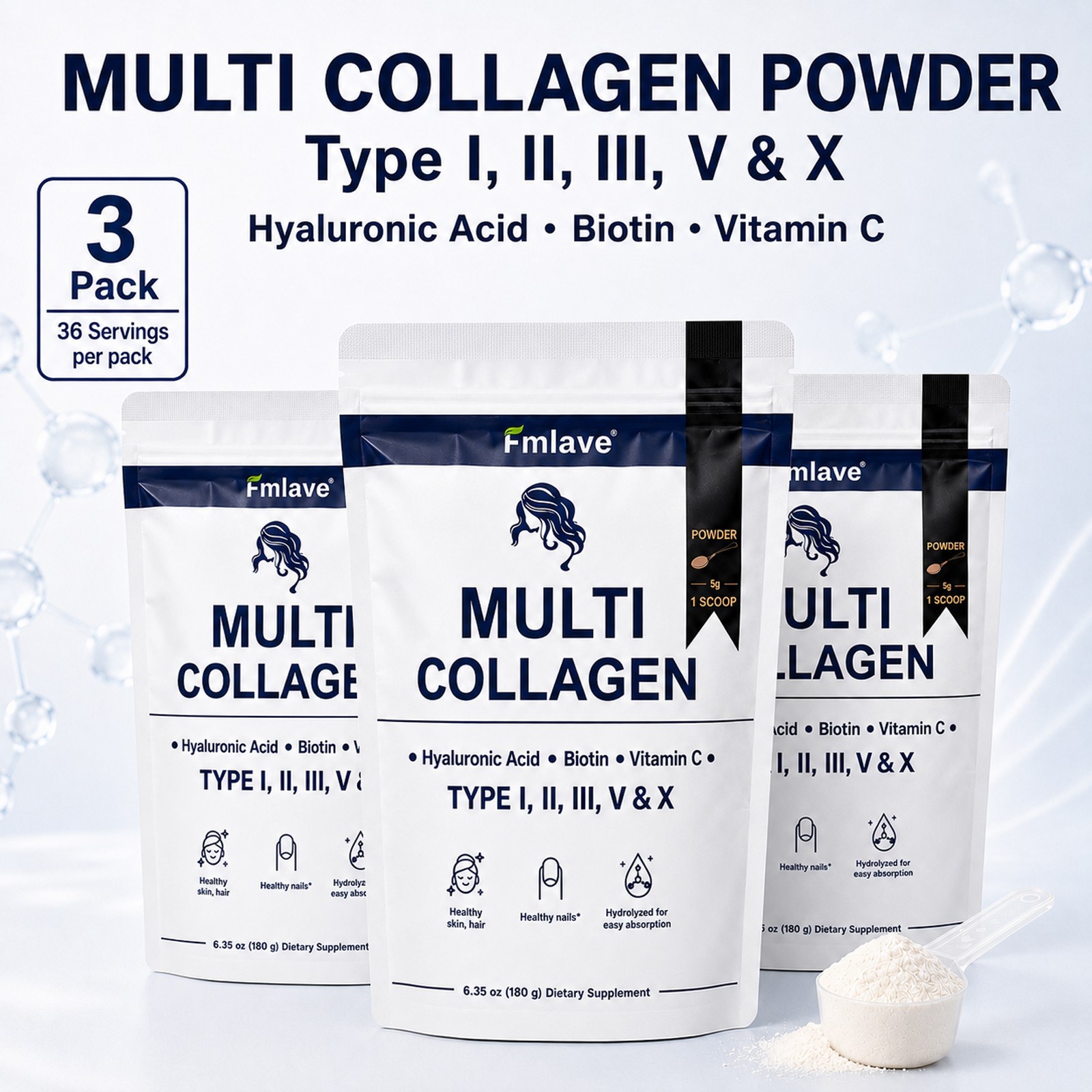 Multi Collagen Peptides Powder Type I II III V X VitaminC Biotin Hyaluronic Acid