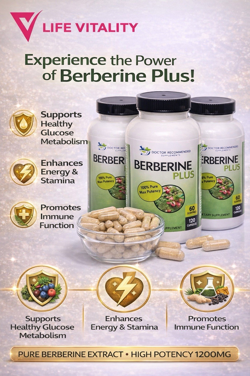 BERBERINE PLUS 1200mg 360 Veggie Caps 3PACK HIGH POTENCY HERBAL SUPPLEMENT
