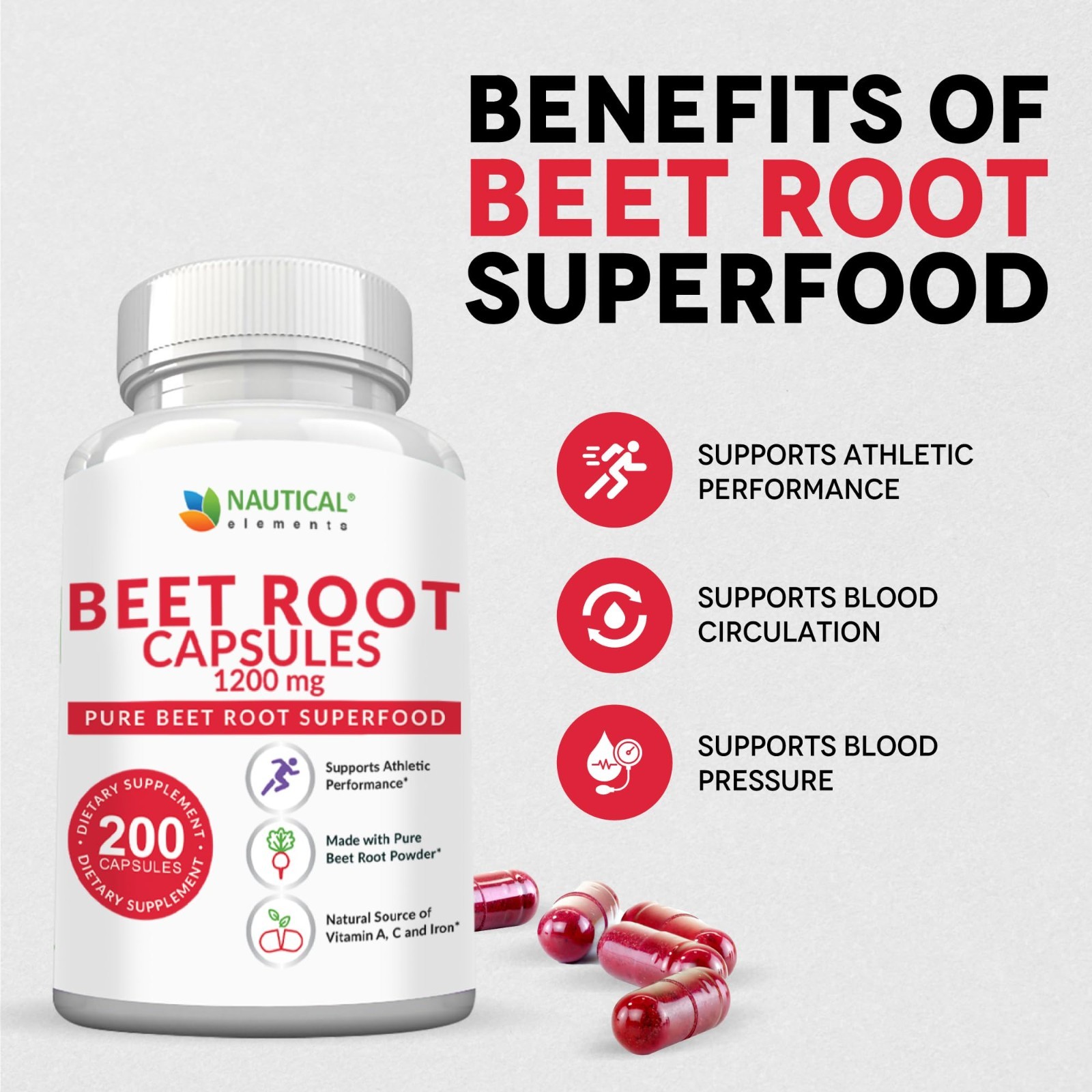 Beet Root Capsules 1200mg – 200 Count – Supports Blood Pressure, Energy & Digest