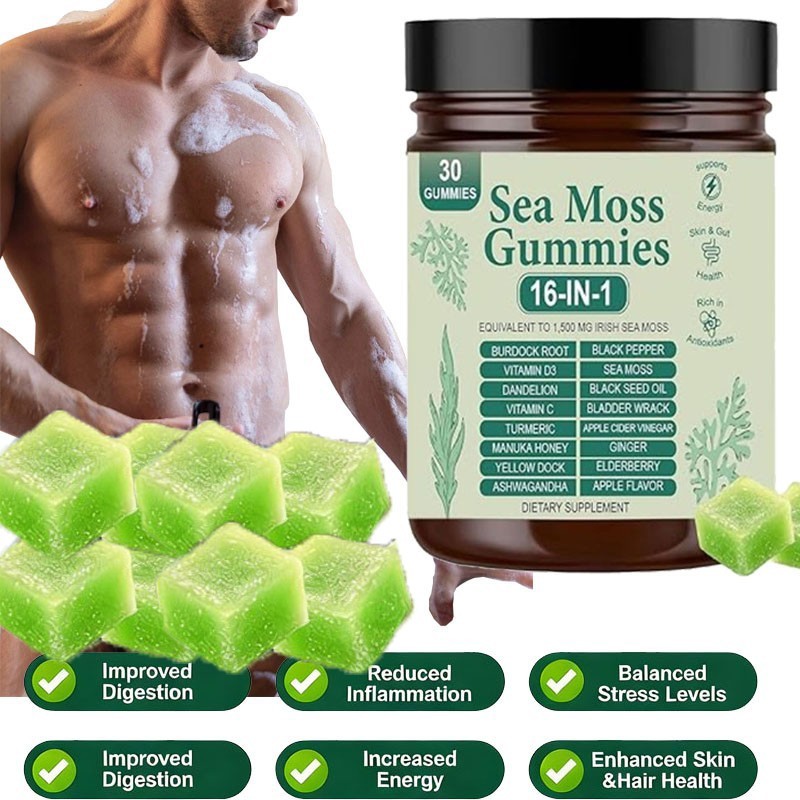 3PCS 16 IN 1 Organic Sea Moss Gummy Irishmoss Extract 6000Mg Green Apple Flavor