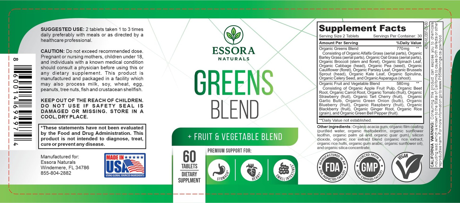 Essora Naturals Organic Greens Complex Tablets Vegan 60 Count 1 Tablet