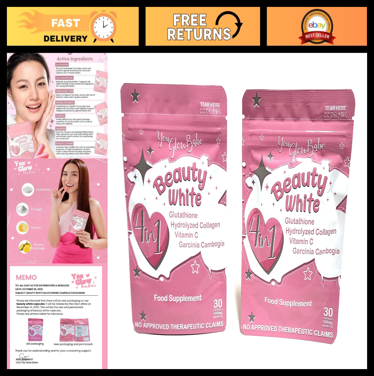 4 in 1 Glutathione Beauty Supplement – 60 Capsules (2 Packs of 30) – Skin Glow &
